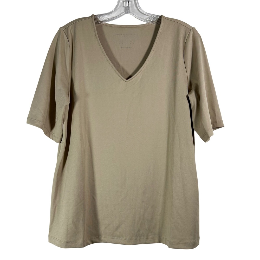Susan Graver Essentials Taupe Liquid Knit V-Neck Short Sleeve Top Small
